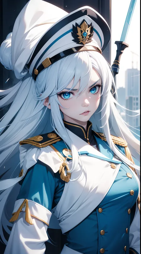 Adult woman, Long white hair, Cyan eyes, White generals uniform, spear, blue lipstick, anger, Masterpiece, hiquality