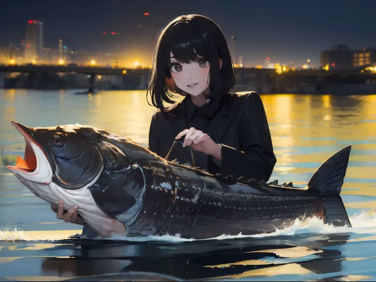 ((((Catch a big black bass by the lakeside:1.5)))),((1 Female 22 years old))((Best Quality, masterpiece :1.5)),(((Hands with the correct number and structure of fingers:1.4))),hight resolution,ultra-detailliert,​masterpiece,best qualtiy,,Black hair, long e...