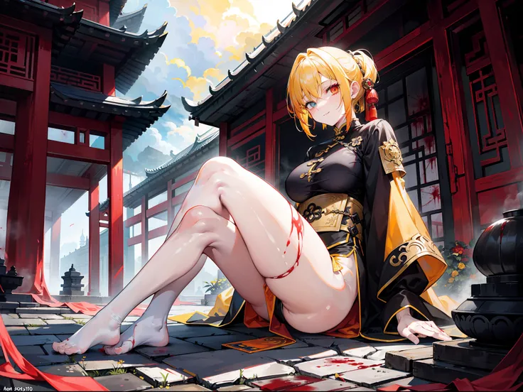 Beautiful girl with orange-yellow hair color，curlies，short detailed hair，High ponytail，He wore a blood-stained ancient yellow and white long-sleeved training uniform，Hidden knives in clothes，open waist，Wear yellow-black shorts，White stockings stained with ...