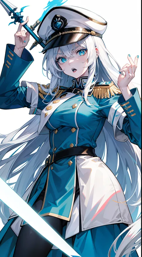 Adult woman, Long white hair, Cyan eyes, White generals uniform, spear, blue lipstick, anger, Masterpiece, hiquality