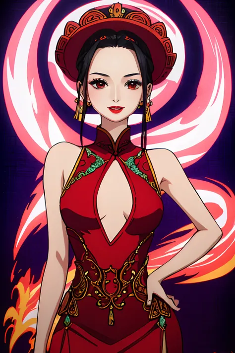 1 young empress wearing red lace top, deep-breasted nightgown, Chinese-style clothes, ancient costumes with many phoenix patterns, flawless white and pink face, crown on her head, black hair hip length, very beautiful and sharp brown eyes, small red lips, ...