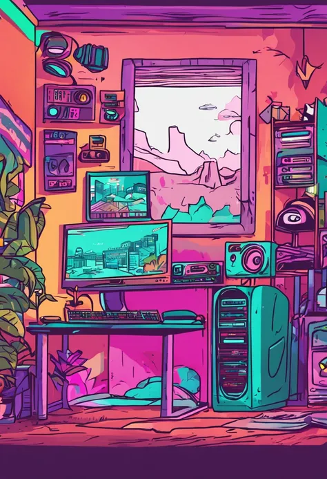 uma imagem de uma quarto gamer colorido com computador e as palavras LIVE STREAM