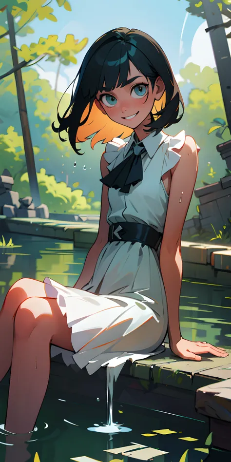 (masterpiece, best quality:1.4), 8k, Official Art, RAW photo, absurd, bottom, girl, evil smile, upper body, sitting, white summer dress, wet, transparent, stone bridge, Ruins, sky, forest, stream, detailed shadow, light leaks, perspective, depth of field, ...