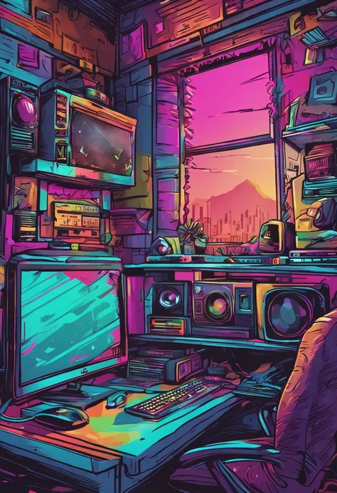 uma imagem ultra realista de uma quarto gamer colorido com computador e as palavras LIVE STREAM