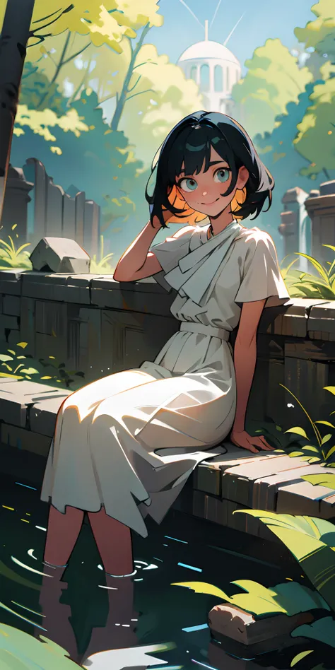 (masterpiece, best quality:1.4), 8k, Official Art, RAW photo, absurd, bottom, girl, evil smile, upper body, sitting, white summer dress, wet, transparent, stone bridge, Ruins, sky, forest, stream, detailed shadow, light leaks, perspective, depth of field, ...