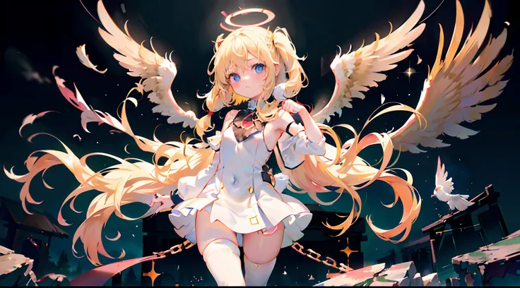 1girll,Long hair,(Blonde hair:1.7), (((Heterochromia(Blue eyes and red eyes)))),ahoge,((Petite)),wide face,(Blush),(Loli:1.7),(Small breast:1.5),ai is sb, There is a circle of flickering light on the back of the head,(Very long hair), (White dress|Gorgeous...