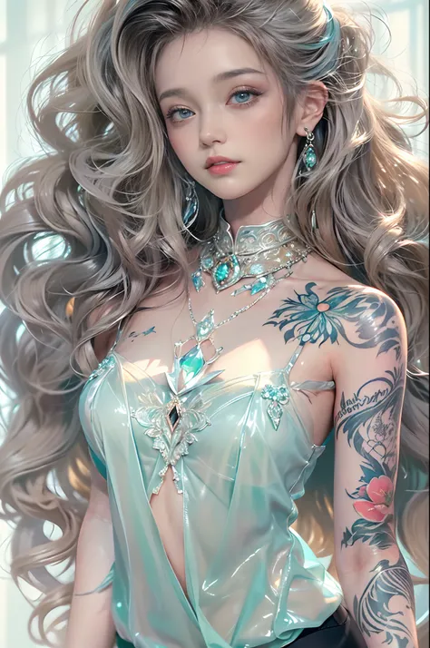 (Gorgeous atmosphere based on white)、​masterpiece、A highly detailed、Ultra-detailed、超A high resolution、Photorealsitic、Crystal clear white skin、((Blouse made of transparent light fabric、pale blue shirt with wide open chest、 areola is see-through、Black tattoo...