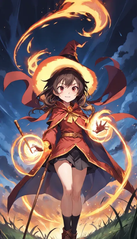 1girl,solo,(megumin), konosuba,14 years old,angle from below,umber hair, long sideburns, red eyes, red shirt, long sleeve, witch hat, black capelet, fingerless gloves,flat chest,grin,doyagao,holding the long magical cane, casting spell,reaching out her rig...