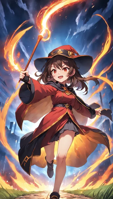 1girl,solo,(megumin), konosuba,14 years old,angle from below,umber hair, long sideburns, red eyes, red shirt, long sleeve, witch hat, black capelet, fingerless gloves,flat chest,grin,doyagao,holding the long magical cane, casting spell,reaching out her rig...