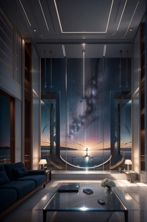 she lying on the sofa next to the window and the vertebrate milky way seen from the big window, futuristic interior design image...