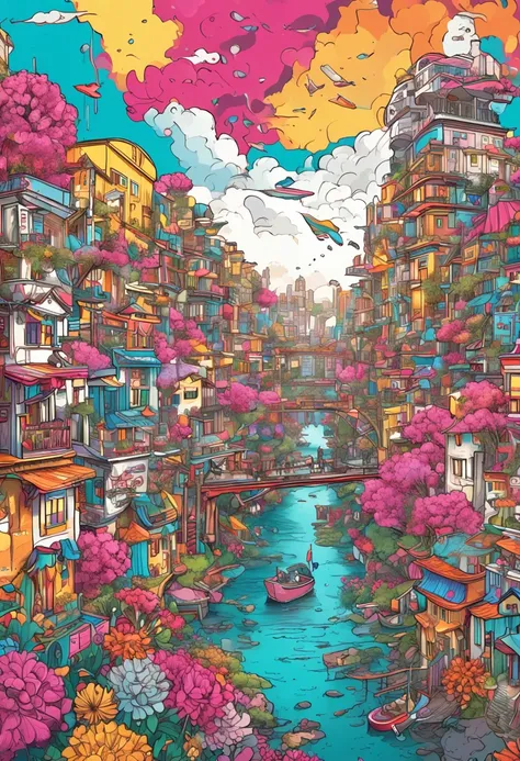 Illustration of colorful cyberpunk flower city with river flowing,Nostalgic and avant-garde、 Sakura blizzard、lots of flower、Vivid rainbow, Little dove and little gull flying, colorful city, Brightly colored buildings,Shimmering gold and silver roof,Cottage...