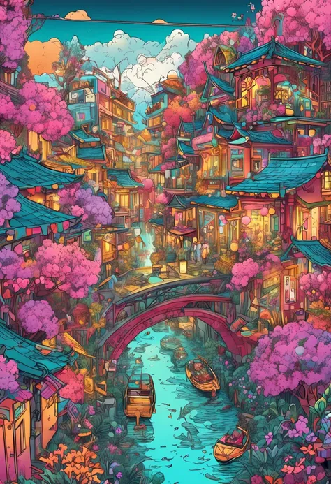 Illustration of colorful cyberpunk flower city with river flowing,Nostalgic and avant-garde、 Sakura blizzard、lots of flower、Vivid rainbow, Little dove and little gull flying, colorful city, Brightly colored buildings,Shimmering gold and silver roof,Cottage...