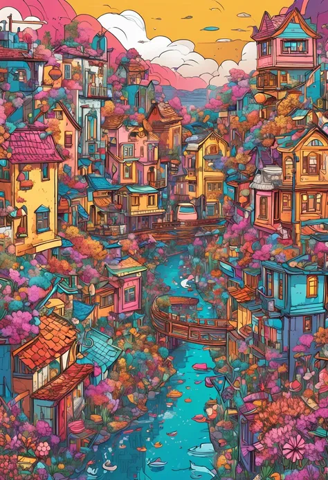 Illustration of colorful cyberpunk flower city with river flowing,Nostalgic and avant-garde、 Sakura blizzard、lots of flower、Vivid rainbow, Little dove and little gull flying, colorful city, Brightly colored buildings,Shimmering gold and silver roof,Cottage...