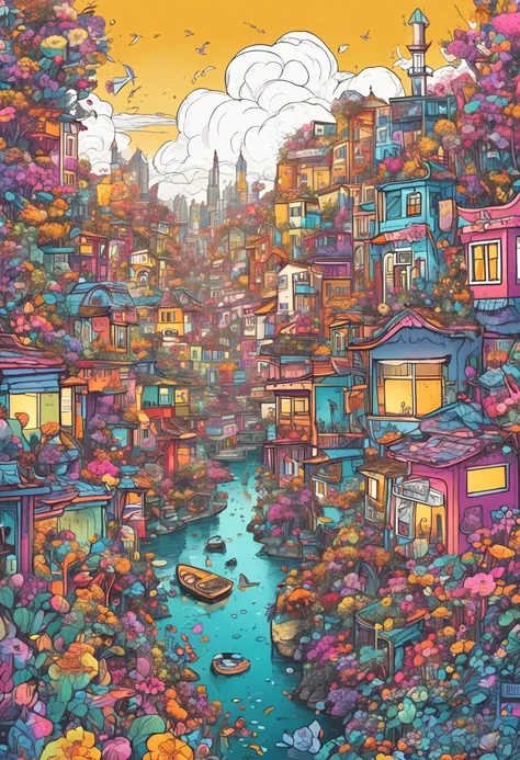 Illustration of colorful cyberpunk flower city with river flowing,Nostalgic and avant-garde、 Sakura blizzard、lots of flower、Vivid rainbow, Little dove and little gull flying, colorful city, Brightly colored buildings,Shimmering gold and silver roof,Cottage...