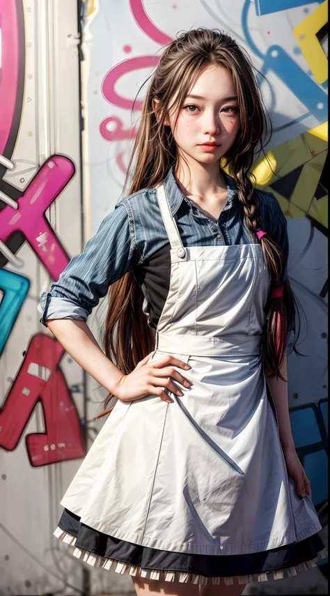 (1girl), solo, extreame-long_hair, wearing(apron), photo(medium-shot), portrait, pov, blurry_background, Background(graffiti-wall, color-splash), (8k, photorealistic, absurdres, best_quality:1.55),