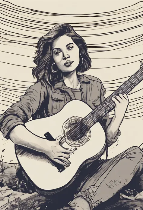 menina jovem, peaceful face, Looking Up The Sky, cantoria, sentado, playing the guitar, imagem como desenho de desenho animado disney