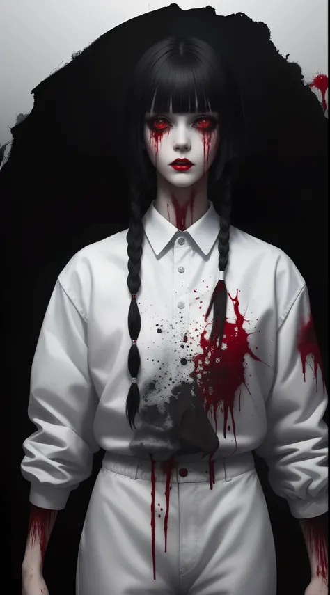 (masterpiece, best quality:1.2), cover image, splashed color background, highly detailed, colorful black, 1 girl, long silver hair, red eyes, short hair, blunt bangs, mannequin, cool face, ((( white clothes))), illustration, horror art, dread, creepy, bloo...