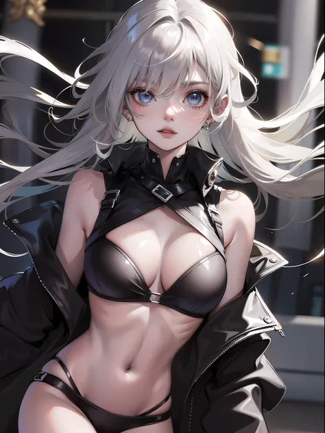 1 picture，(tmasterpiece，best qualityer，A high resolution)，Lifelike depiction of details，Perfectly presented 8K wallpaper，Night background，Extreme light and shadow，cyber punk perssonage，closeup cleavage，(Bust)，1girll，with short white hair，(Superbly detailed...