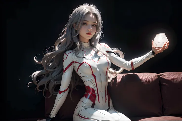 (Extreme Detail CG Unity 8K wallpaper, masterpiece, highest quality), (Exquisite lighting and shadow, highly dramatic picture, Cinematic lens effect), a girl in a white Spider-Man costume, silver gray hair color, from the Spider-Man parallel universe, Weng...