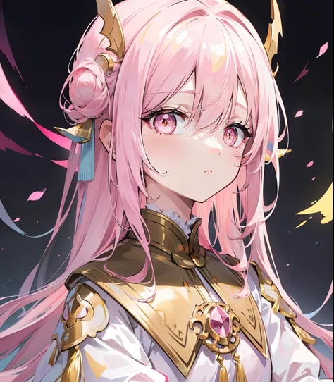 Long pink and white hair，Pink-white wings，Dark yellow pupils，Decorated with resplendent gold，Soft clothes that match white with yellow，She is a cute and sweet beautiful girl