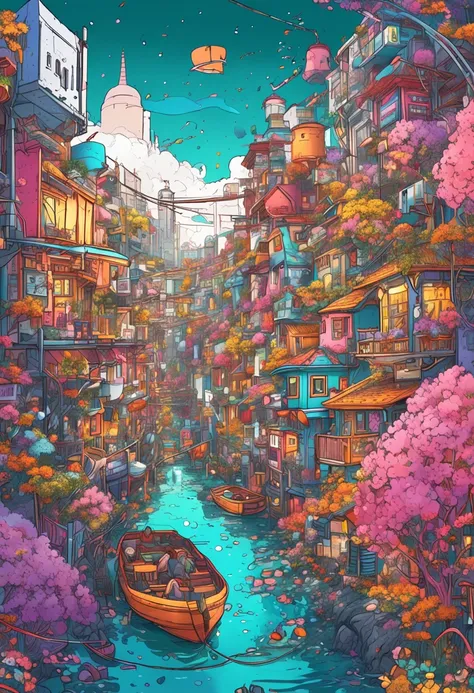 Illustration of colorful cyberpunk flower city with river flowing,Nostalgic and avant-garde、 Sakura blizzard、lots of flower、Vivid rainbow, Little dove and little gull flying, colorful city, Brightly colored buildings,Shimmering gold and silver roof,Cottage...