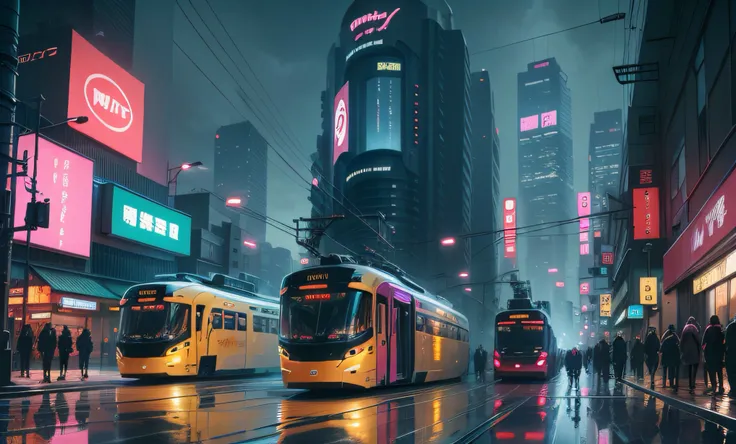 TOKYO CITY WITH FUTURISTIC TRAM ON STREET　Max Quality　MasterPiece　SF Future World Bridges, rainy Night, Neon, japan architecture cyberpunk 2077, neon fog, traditional architecture, blade runner 2049, science fiction art, futuristic city, skyscraper on back...