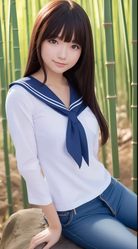 a pregirl，Thirty year old, ssmile, looking at viewert, sailor uniformm,skintight jeans, photore, realisticlying, Best quality at best, employee, 详细的脸, Sitting on a large rock in the middle of a bamboo forest, diffuselighting, depth of fields, Background bo...