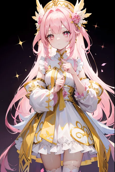 Long pink and white hair，Pink-white wings，Dark yellow pupils，Decorated with resplendent gold，Soft clothes that match white with yellow，She is a cute and sweet beautiful girl