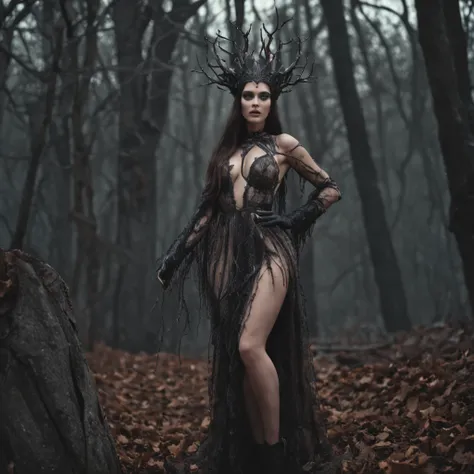 A mysterious witch, perfect butt, sexiest clothes, multicolor chaos energy, standing in a dark forest of barren trees, glowing with a powerful energy. Realistic, stunning realistic photograph, 3d render, octane render, intricately detailed, cinematic, tren...