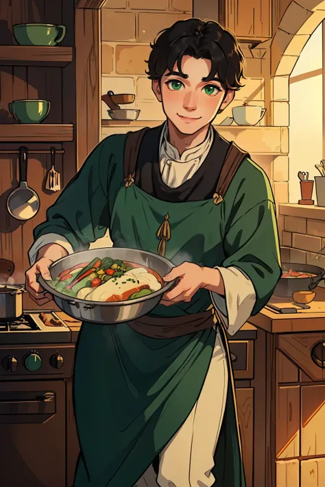 (1male, short black hair, green eyes, gentle face and smile, rosy cheeks, pretty face), ((cooking)), (fantasy, medieval), ((detailed face, full body))