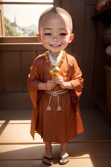 A very cute and smiling little monk under 5 years old，The monks robes were gorgeously dressed，Holding a string of Buddhist beads in his hand，sat on the ground