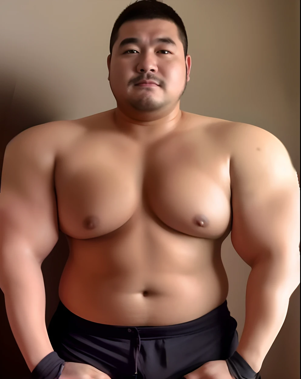 Close-up of a man in a shirt posing for a photo, robust stocky body, absurdly massive physique, beefy, exaggeratedly large physique, Very beautiful. Big muscles, musculous, half man half asian black bull, absurdly muscular physique, powerful and huge, Big ...