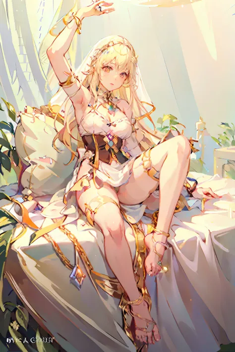 masterpiece, best quality,
1girl, night, Nineveh, meteor shower background, ultra-detailed, solo, looking at viewer, (curvy:1.1), (wavy hair:1.1), (breasts apart:1.3), groin, (pasties:1.3), neck ring, armlet, bracelet, (thighlet:1.2), (white veil:1.2), (ha...