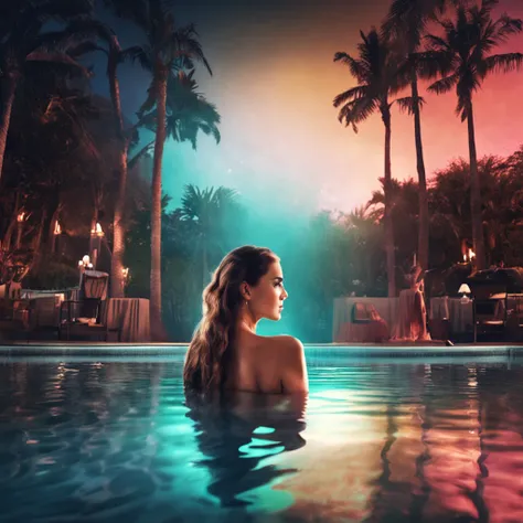 "Night Pool, background with shimmering reflections and captivating ambiance. A beautiful woman posing, eye contact