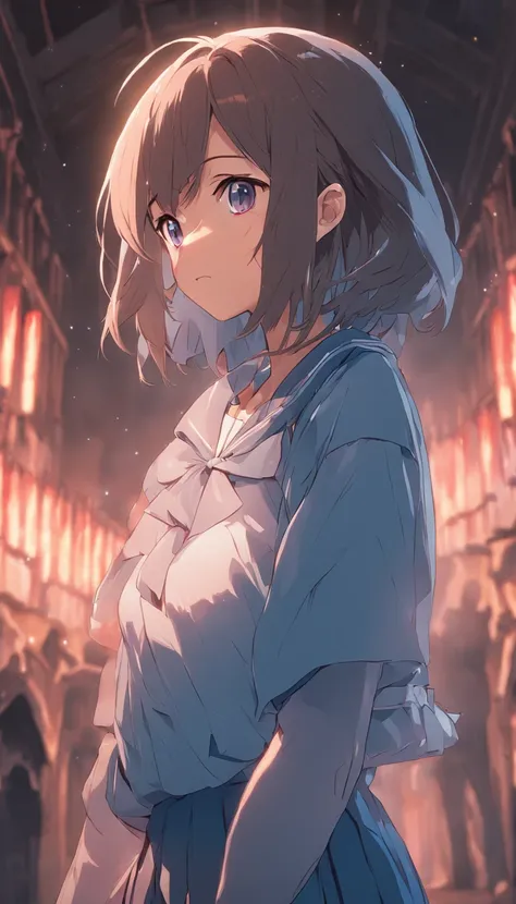 1girl,solo,anime,animation,kyouto animation style,(suzumiya_haruhi),16 years old,brown eyes, medium hair, serafuku, blue sailor collar, blue skirt,standing,(crossed arms),(Literature Club　room),anguish,troubled eyebrows,looking away,masterpiece,best qualit...