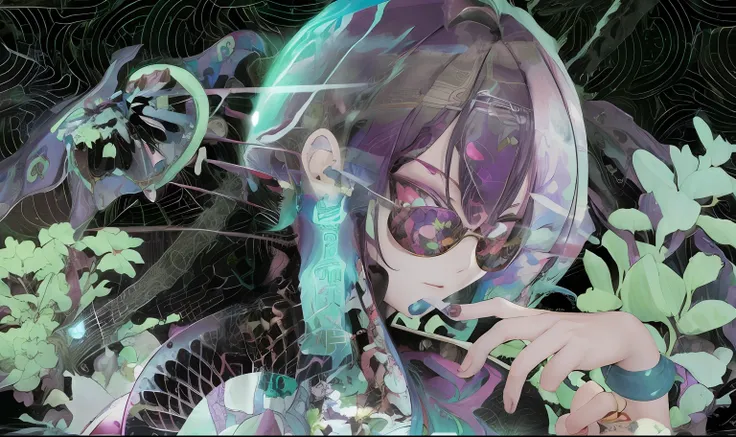 Anime girl with purple hair and glasses holding mobile phone, dreamy psychedelic anime, Dark Psychedelics, anime abstract art, Detailed key anime art, anime graphic illustration, shigenori soejima illustration, tsutomu nihei art, Detailed Digital Anime Art...