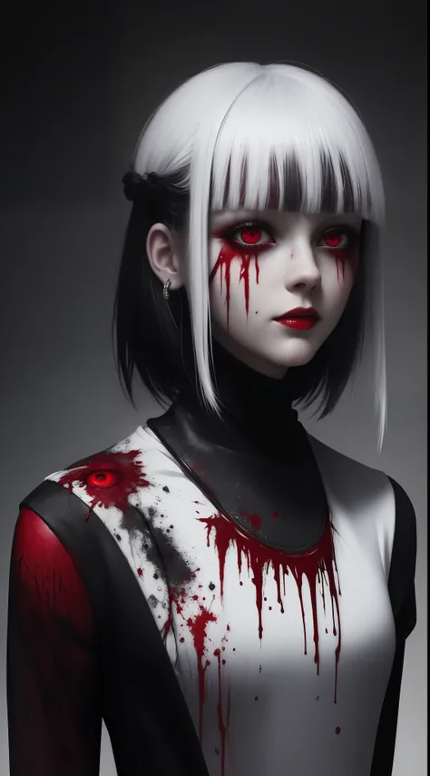 (masterpiece, best quality:1.2), cover image, splashed color background, highly detailed, colorful black, 1 girl, long silver hair, red eyes, short hair, blunt bangs, mannequin, cool face, ((( white sexy clothes))), illustration, horror art, dread, creepy,...