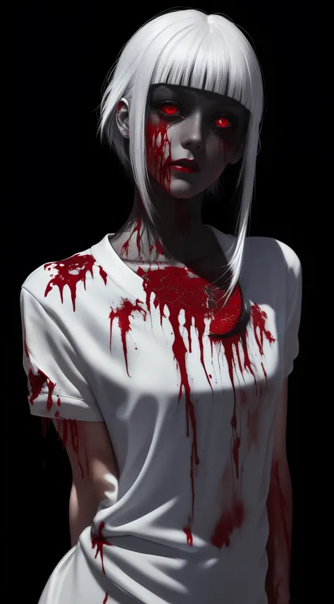 (masterpiece, best quality:1.2), cover image, splashed color background, highly detailed, colorful black, 1 girl, long silver hair, red eyes, short hair, blunt bangs, mannequin, cool face, ((( white sexy clothes))), illustration, horror art, dread, creepy,...