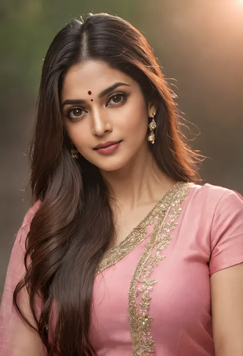 Bollywood Acress shridevi, with long hair and a pink top, soft portrait shot 8k, beautiful portrait lighting, medium soft light portrait, cinematic portrait, beautiful woman shot, beautiful fine face features, full body portrait, detailed beauty portrait ,...