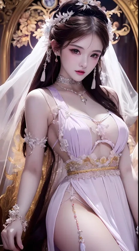 1 20 year old girl, 1 goddess Athena, pink purple silk dress, beautiful goddess Athena face without blemishes, delicate yellow nightgown, long thin sequin nightgown with many sexy black lace details, 1 beautiful thin red silk cloth half veil, female saint ...