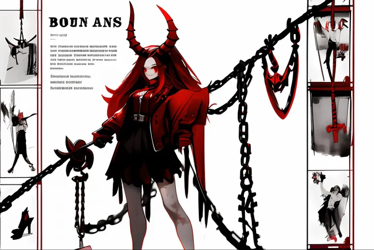 a female demon，Ropes and chains in the hand, white backgrounid，Red all over，Black-white-red design, August limbs, offcial art, concept-art, plan，Size，Three-sided setting drawing of characters，infography，Patent schematic，Fine style