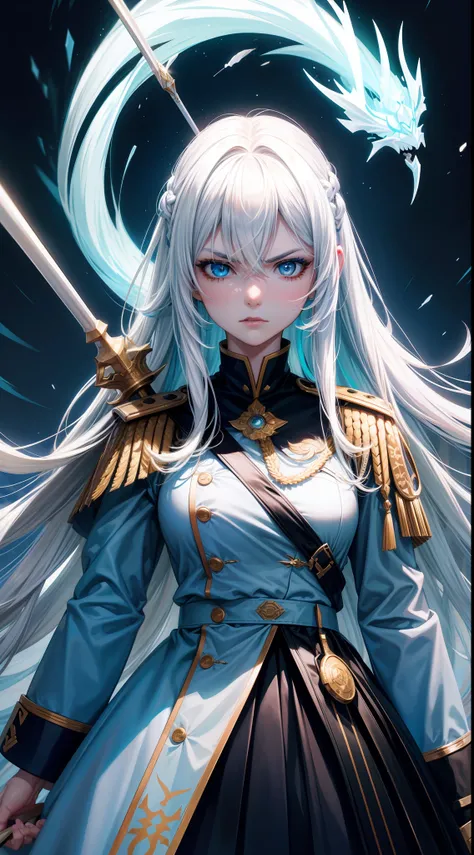 Adult woman, Long white hair, Cyan eyes, White generals uniform, spear, blue lipstick, anger, Masterpiece, hiquality