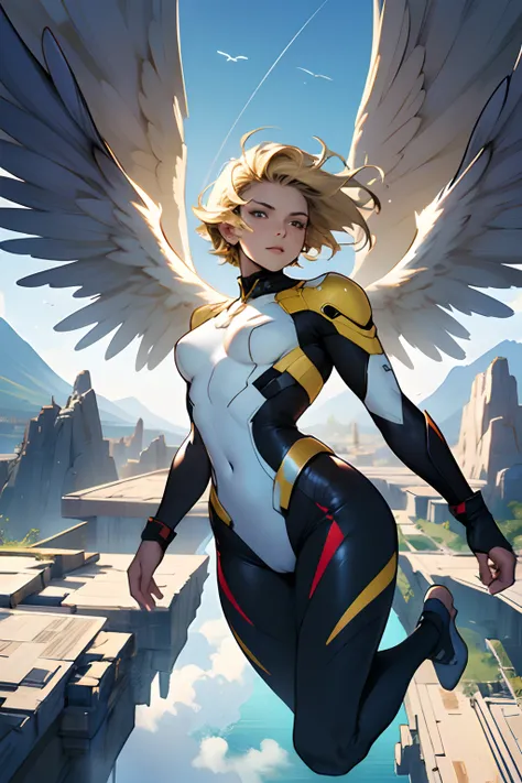 The icarus girl from Mercury, Sun in the background, girl with wings on feet, clad, nothing on, the wind of white whisps covering the private parts, short blond hair, witty and quick, thin frame, elelgant, regal, Mercury in the back drop. yellow skin. No c...