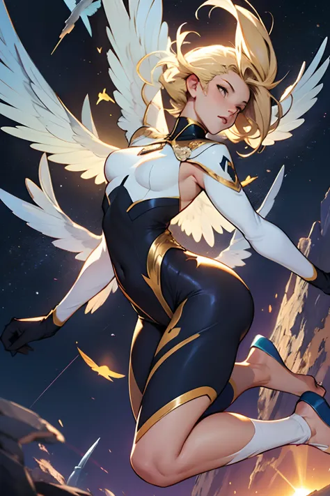 The icarus girl from Mercury, Sun in the background, girl with wings on feet, clad, nothing on, the wind of white whisps covering the private parts, short blond hair, witty and quick, thin frame, elelgant, regal, Mercury in the back drop. yellow skin. No c...