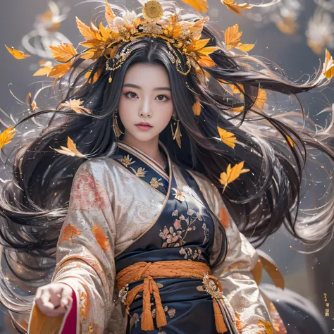 32K（tmasterpiece，k hd，hyper HD，32K）Long flowing black hair，ponds，zydink， a color，  Asian people （Silly girl）， （Silk scarf）， Combat posture， looking at the ground， long whitr hair， Floating hair， Carp pattern headdress， Chinese long-sleeved bright orange cl...