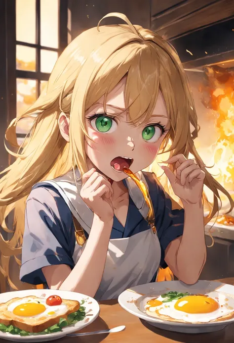 perfect finger,1girl,solo,high school student,long hair,blonde hair,open mouth,school uniform,happy,((sparkling eyes)),cute eyes,antenna hair,sitting chair,indoors,in the house,freshly baked toast,sunny-side-up fried eggs,warm soup,green salad,bacon,Lets e...