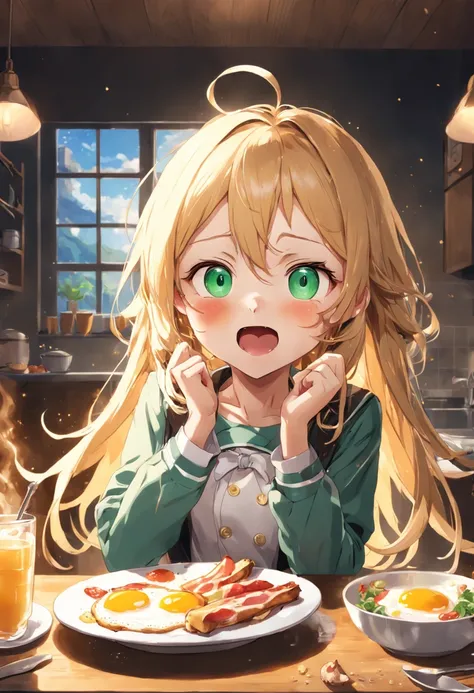 perfect finger,1girl,solo,high school student,long hair,blonde hair,open mouth,school uniform,happy,((sparkling eyes)),cute eyes,antenna hair,sitting chair,indoors,in the house,freshly baked toast,sunny-side-up fried eggs,warm soup,green salad,bacon,Lets e...