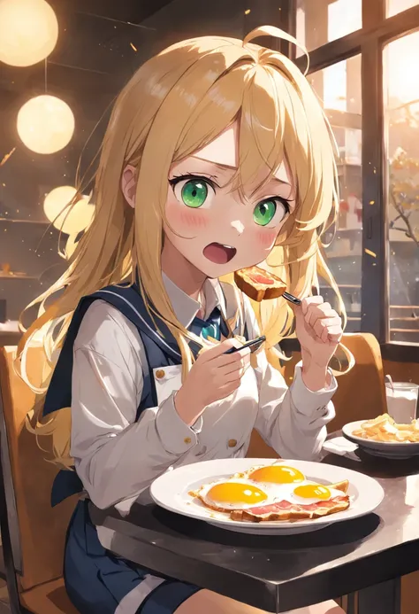 perfect finger,1girl,solo,high school student,long hair,blonde hair,open mouth,school uniform,happy,((sparkling eyes)),cute eyes,antenna hair,sitting chair,indoors,in the house,freshly baked toast,sunny-side-up fried eggs,warm soup,green salad,bacon,Lets e...