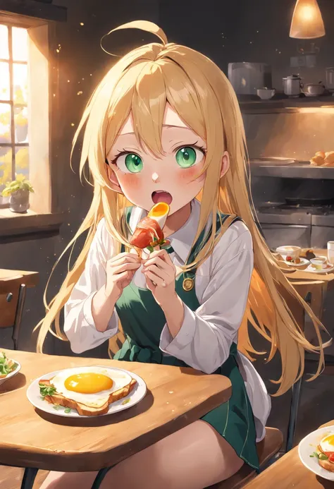 perfect finger,1girl,solo,high school student,long hair,blonde hair,open mouth,school uniform,happy,((sparkling eyes)),cute eyes,antenna hair,sitting chair,indoors,in the house,freshly baked toast,sunny-side-up fried eggs,warm soup,green salad,bacon,Lets e...