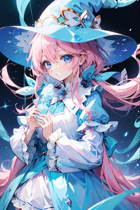 Long light pink hair，Light sky blue magician hat，Light sky blue and light pink、White magician set，Milky whine，Cute and cute，This is a girl with sweet milk，super adorable